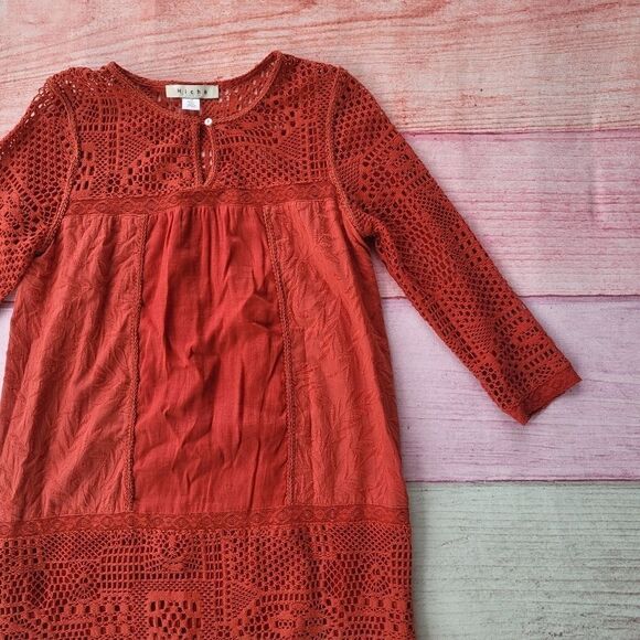Anthropologie Hiche Burnt Orange‎ 3/4 Sleeve Crochet Boho Shift Dress Size XS - Picture 5 of 7